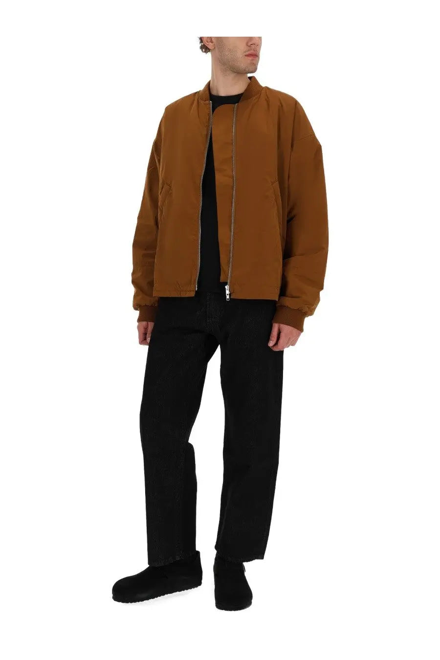 Ymc men’s bomber basement brown tan jacket with front zipper and ribbed cuffs made of durable material