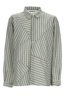 YMC men’s camicia substance long-sleeved collared shirt with green and beige patchwork plaid design