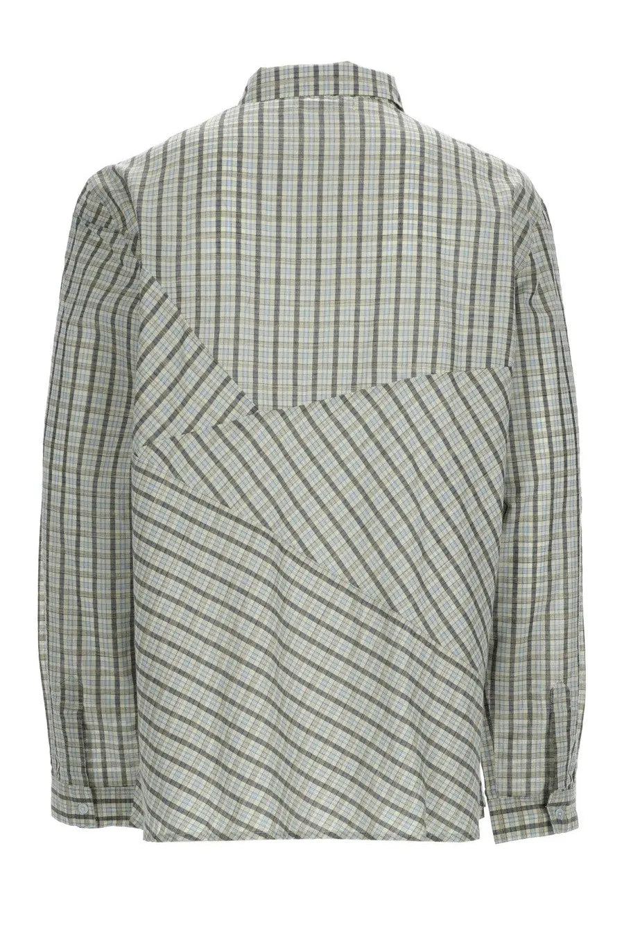 YMC men’s camicia substance multicolor long-sleeved shirt with patchwork plaid and diagonal stripes in muted green and gray