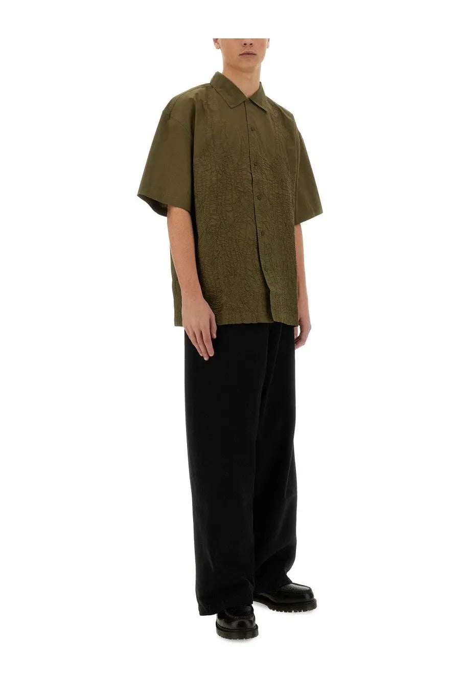 Ymc men’s ciders shirt brown olive green short-sleeved button-up with subtle textured pattern