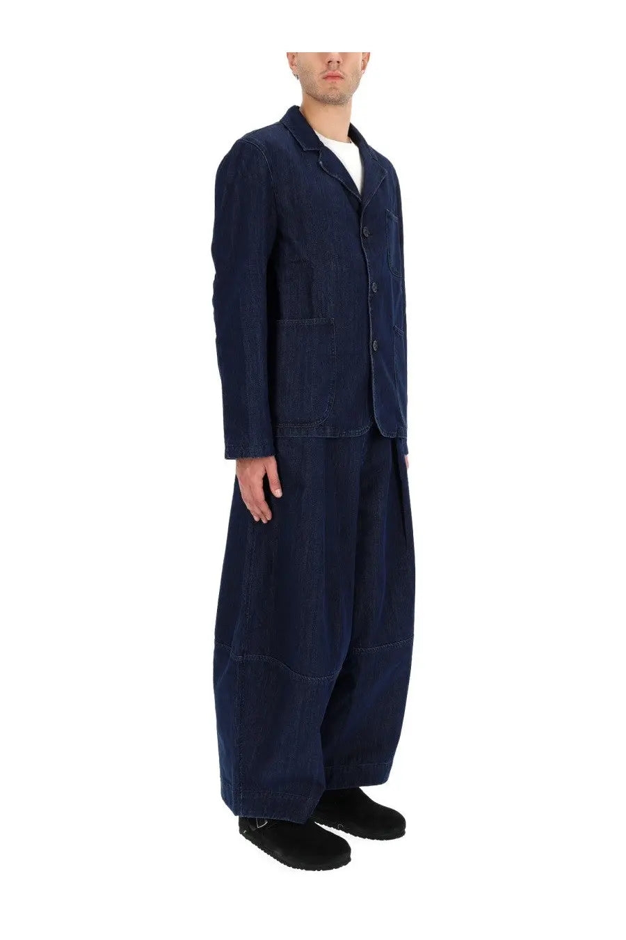 YMC men’s earth scuttlers jacket blue dark blue denim blazer with classic collar and button closure