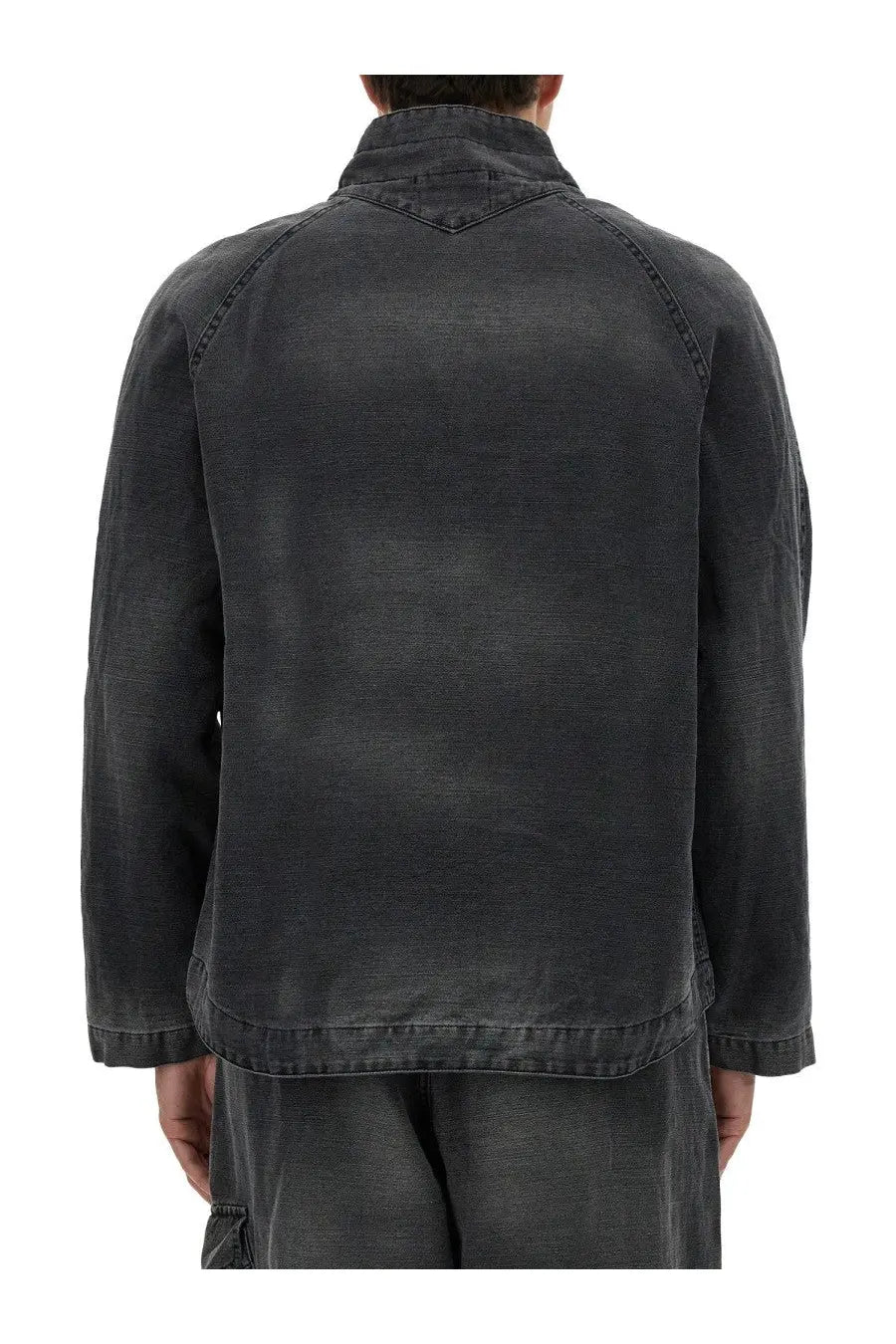 Ymc men’s erkin jacket black dark gray denim with a worn faded finish and classic collar front view