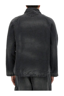 Ymc men’s erkin jacket black dark gray denim with a worn faded finish and classic collar front view