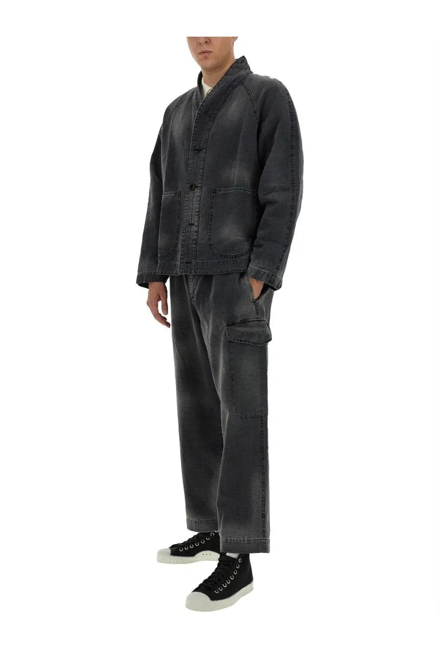YMC men’s Erkin jacket black dark gray denim with traditional mandarin collar and front button closure