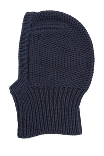 Dark navy knitted balaclava by YMC with textured ribbed pattern and snug fit for men