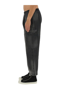 YMC men’s military pants black dark gray faded denim with elastic waistband and large thigh patch pocket