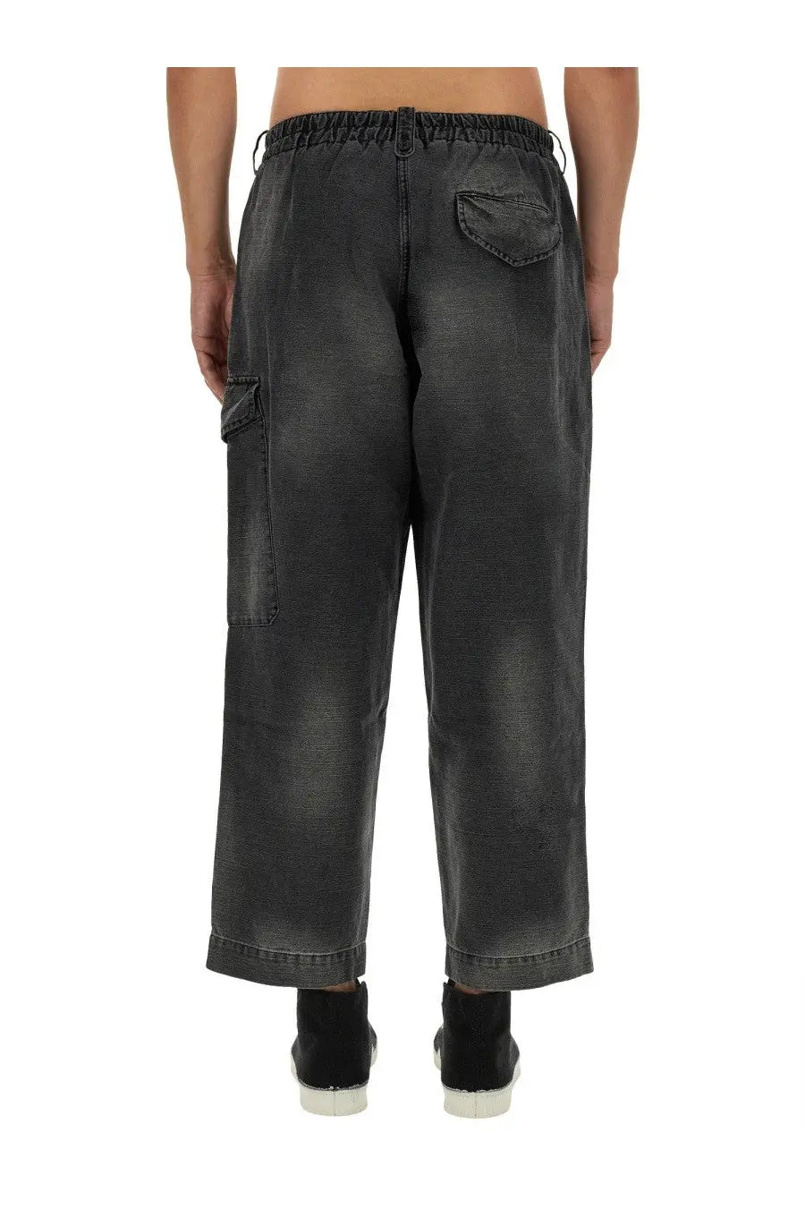 Ymc men’s military pants black with black denim cargo design elastic waistband and faded distressed finish