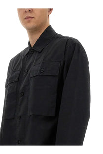 YMC men’s military shirt black button-up with two chest pockets and classic collar in durable cotton fabric