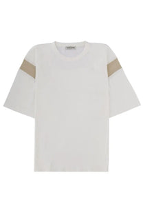 YMC men’s shirt skate triple white short-sleeved white t-shirt with beige shoulder stripes and soft fabric crew neck