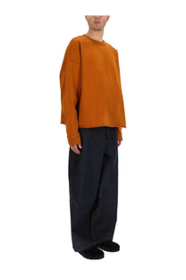 YMC men’s studio sweatshirt orange in loose fit with crew neck long sleeves and slightly frayed hem made of soft fabric