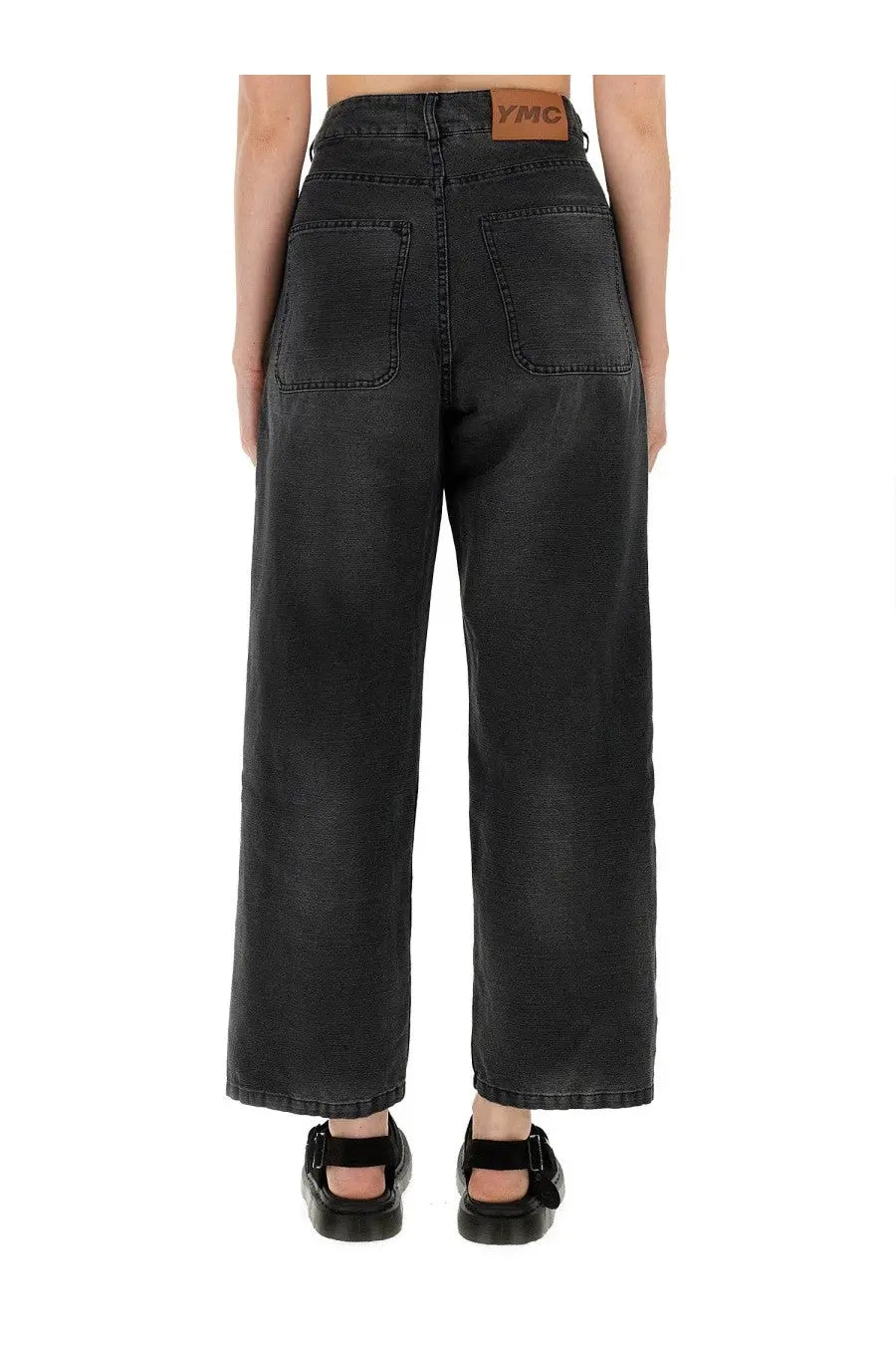 YMC women’s jeans silver black black wide-leg denim trousers with faded wash and brown leather brand patch at waistband back side