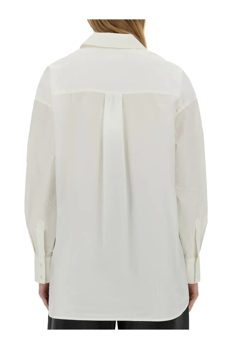 Ymc women’s shirt lena white showing the back with a crisp white long-sleeved blouse and subtle pleats down the back