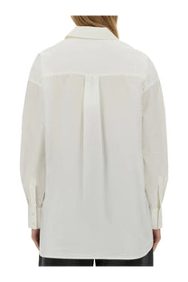 Ymc women’s shirt lena white showing the back with a crisp white long-sleeved blouse and subtle pleats down the back