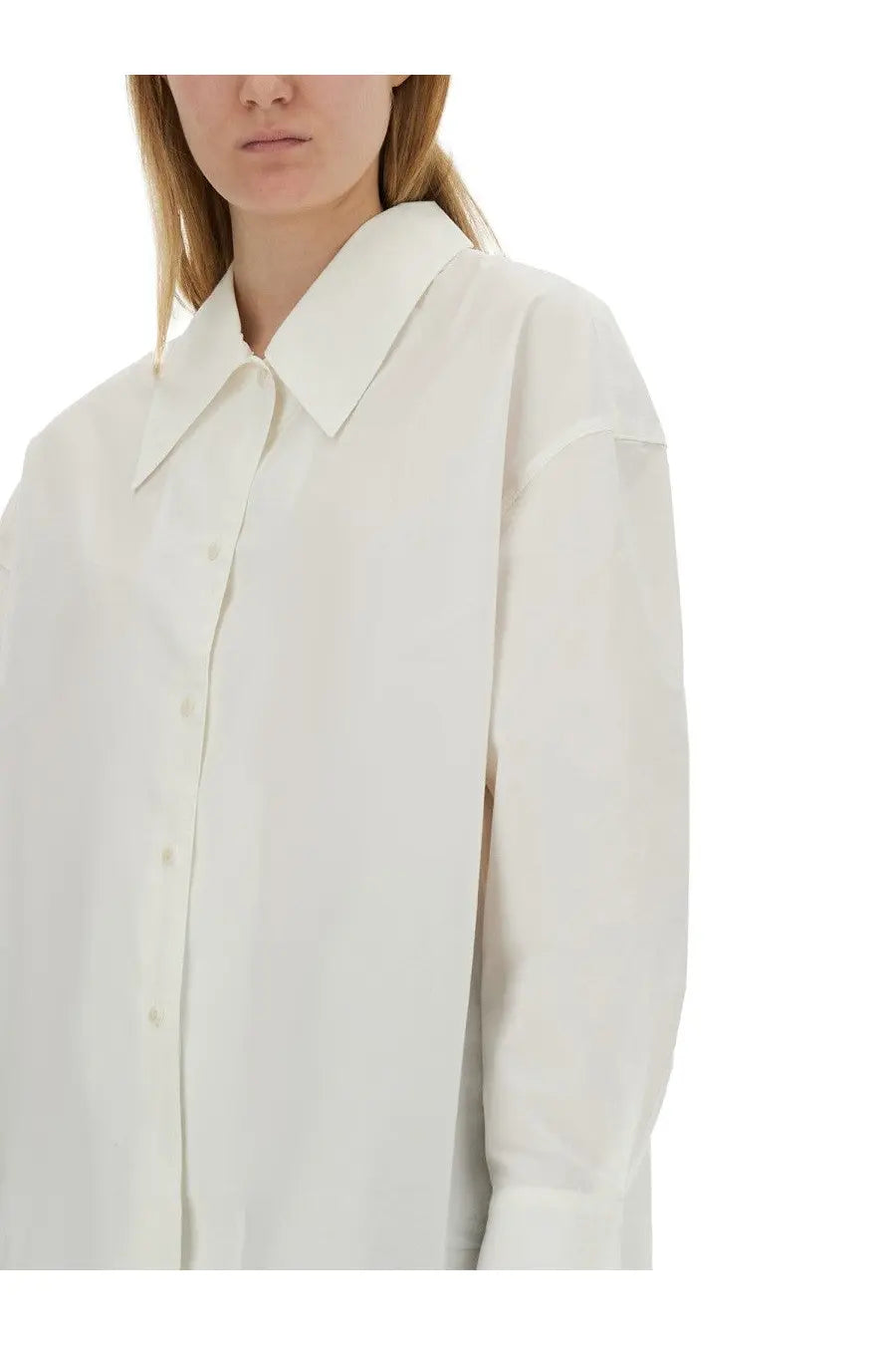 YMC women’s shirt Lena white minimalist white button-up with relaxed fit and crisp collar in cotton fabric