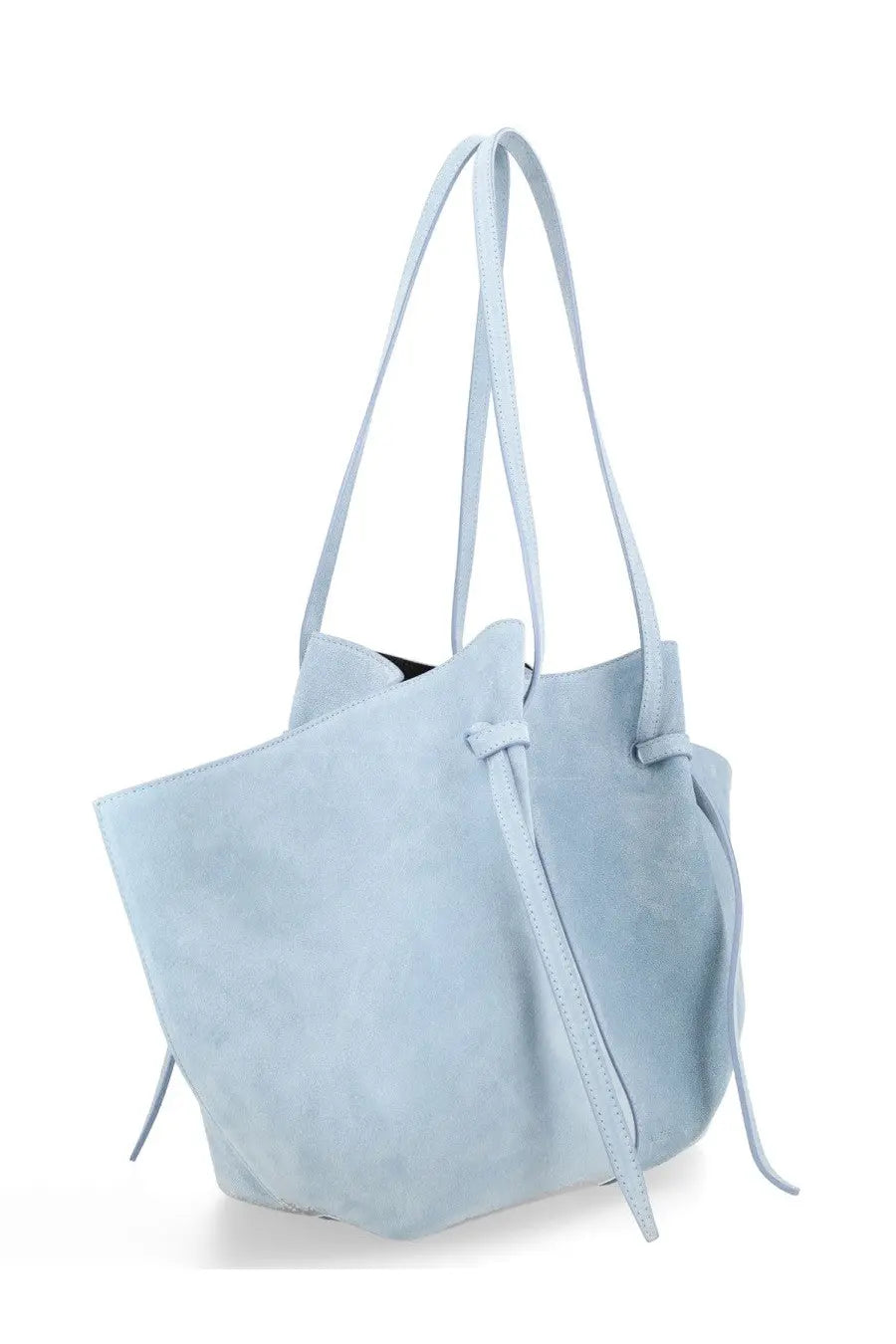 A yuzefi women’s borsa mochi large blue soft light blue suede tote bag with long handles and drawstring closure