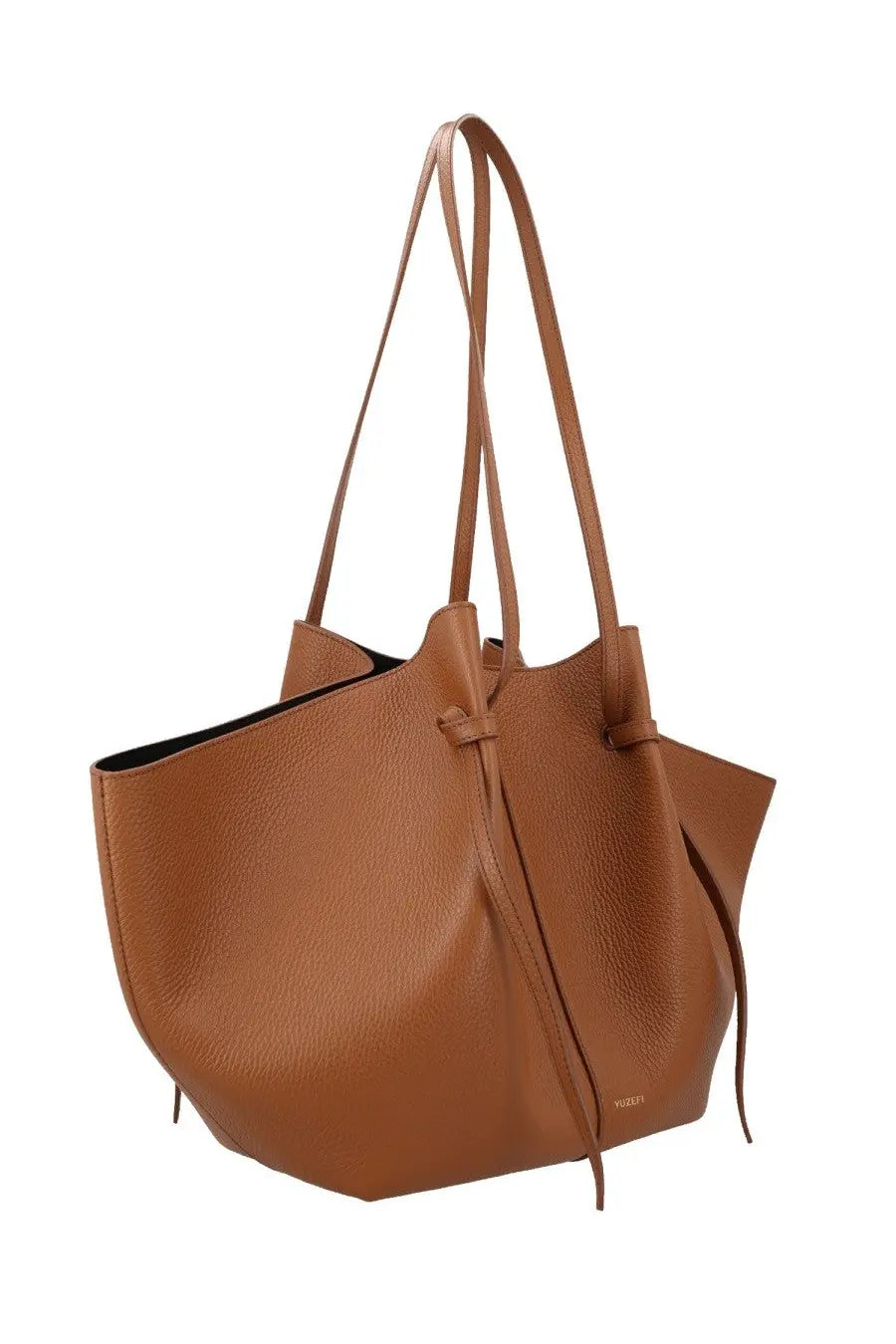 Yuzefi women’s borsa mochi large brown tan leather tote bag with drawstring closure and dual shoulder straps