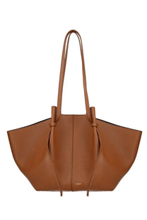 Yuzefi women’s borsa mochi large brown tan leather tote bag with structured slightly flared silhouette and dual top handles