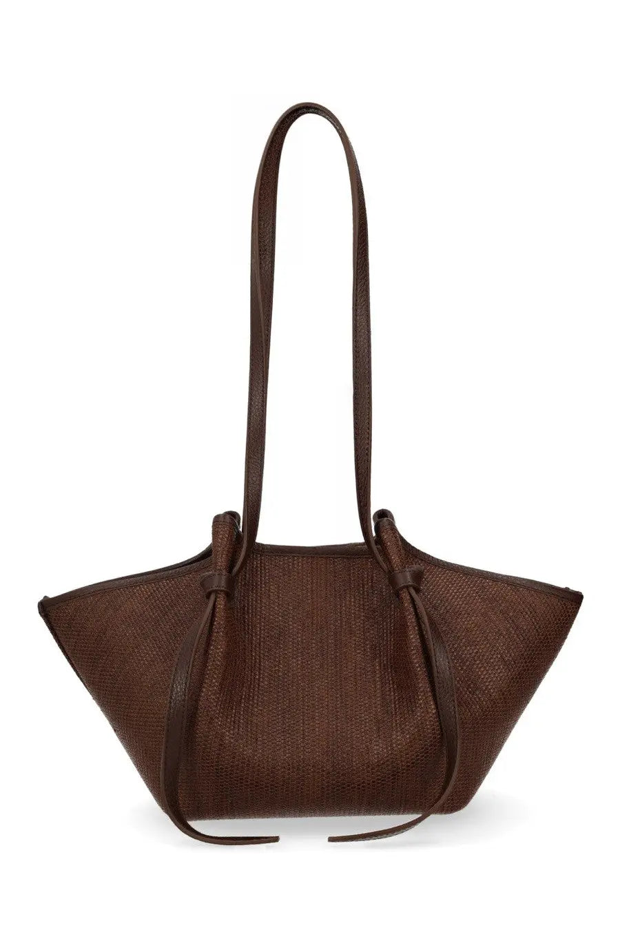Brown woven tote bag with leather handles and tied side straps yuzefi women borsa mochi in raffia brown