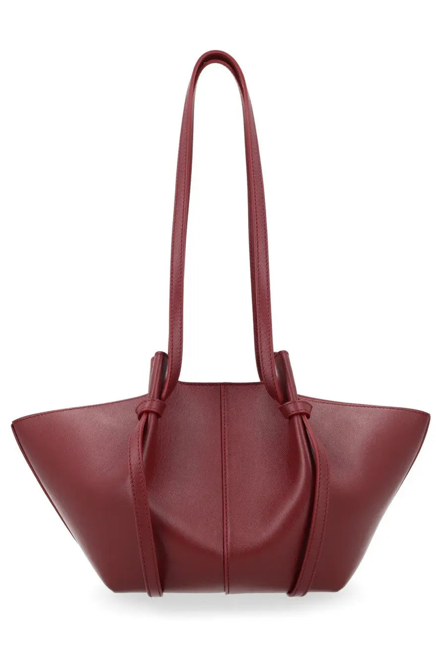 A sleek burgundy leather tote bag with a soft silhouette and knotted dual top handles by yuzefi women