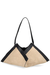 Beige suede yuzefi women’s borsa wonton handbag with black leather trim and handles for stylish use
