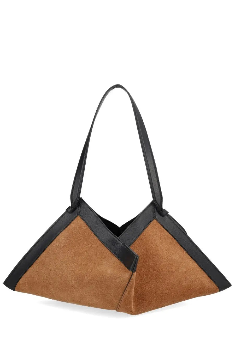 Yuzefi women’s borsa wonton beige tan suede and black leather shoulder bag with modern angular geometric design