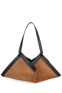Yuzefi women’s borsa wonton beige tan suede and black leather shoulder bag with modern angular geometric design