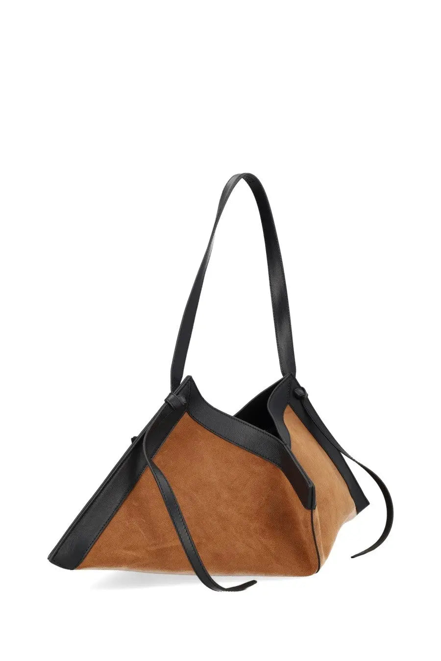 Tan suede yuzefi women’s borsa wonton shoulder bag with black leather trim and handles in beige color
