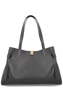 Yuzefi women’s gyoza tote bag in black pebbled leather with gold-tone rectangular clasp and tied side flaps