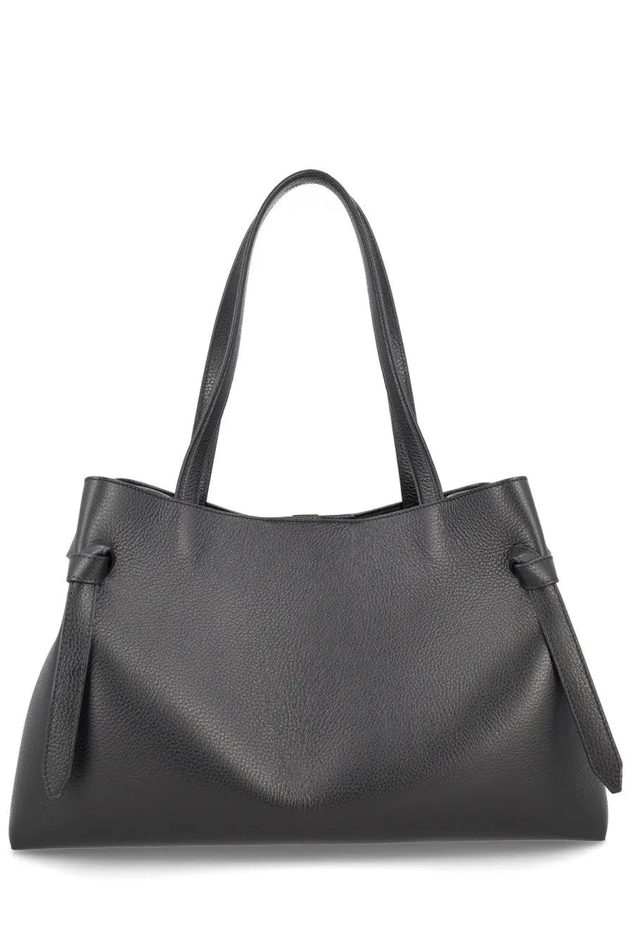 Black pebbled leather Yuzefi women’s Gyoza tote bag with structured handles and decorative side ties