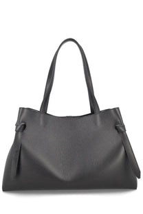 Black pebbled leather Yuzefi women’s Gyoza tote bag with structured handles and decorative side ties