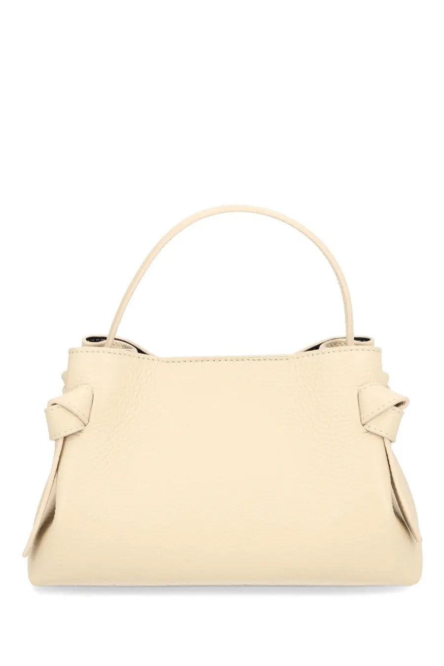 Cream-colored leather yuzefi women’s mini gyoza bag with soft structured shape and decorative bows on the sides