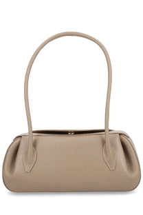 Beige leather yuzefi women’s oyster bag small grey with curved top handles and minimalist design