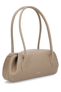 Yuzefi women’s oyster bag small grey beige leather handbag with curved top handles and subtle textured finish