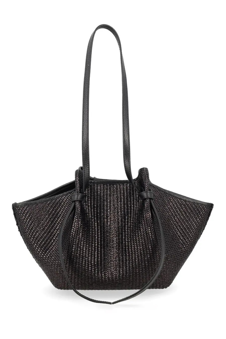 Black woven raffia tote bag with leather handles and drawstring closure from yuzefi womens raffia mochi bag black collection