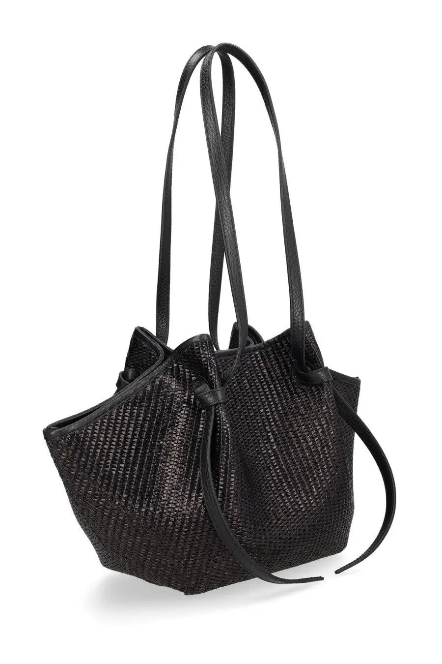 Black woven raffia tote bag with leather straps and drawstring closure from yuzefi womens mochi collection