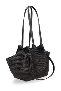 Black woven raffia tote bag with leather straps and drawstring closure from yuzefi womens mochi collection