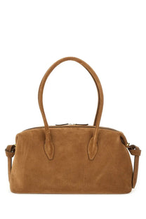 Tan suede yuzefi women’s shoulder bag brioche duffle brown with rounded top handles and detachable shoulder strap