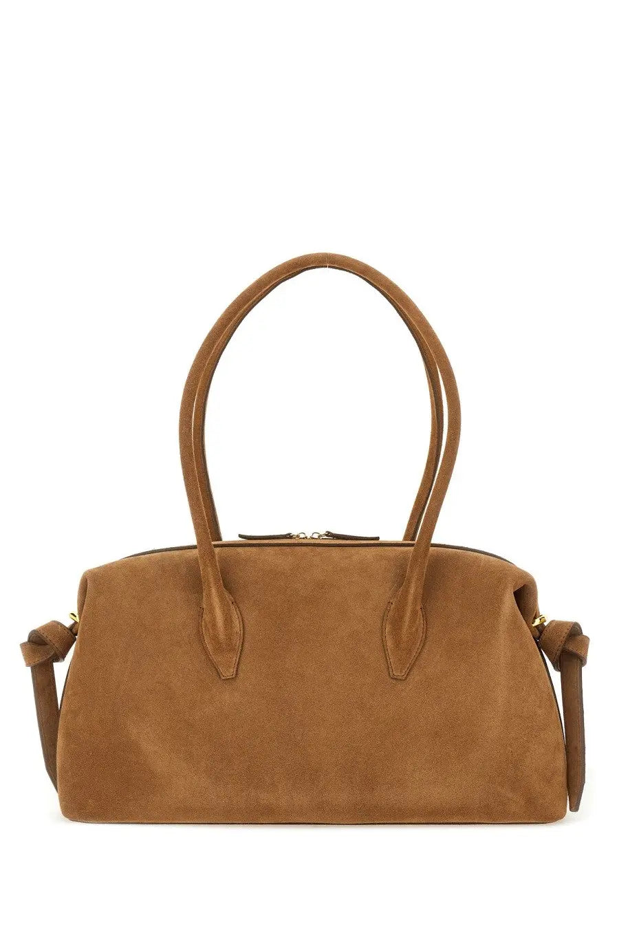 Yuzefi women’s shoulder bag brioche duffle brown tan suede with rounded top handles and detachable shoulder strap