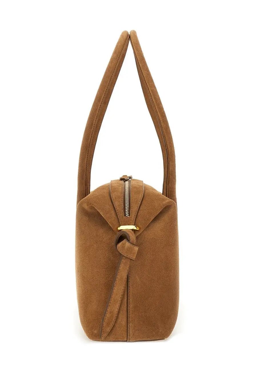 Yuzefi women’s brioche duffle brown tan suede tote bag with gold-tone zipper and matching fabric tie closure