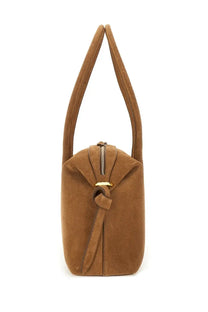 Yuzefi women’s brioche duffle brown tan suede tote bag with gold-tone zipper and matching fabric tie closure