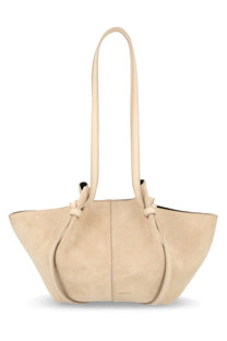 Beige suede tote bag with long handles and minimalist design from yuzefi womens small mochi bag collection