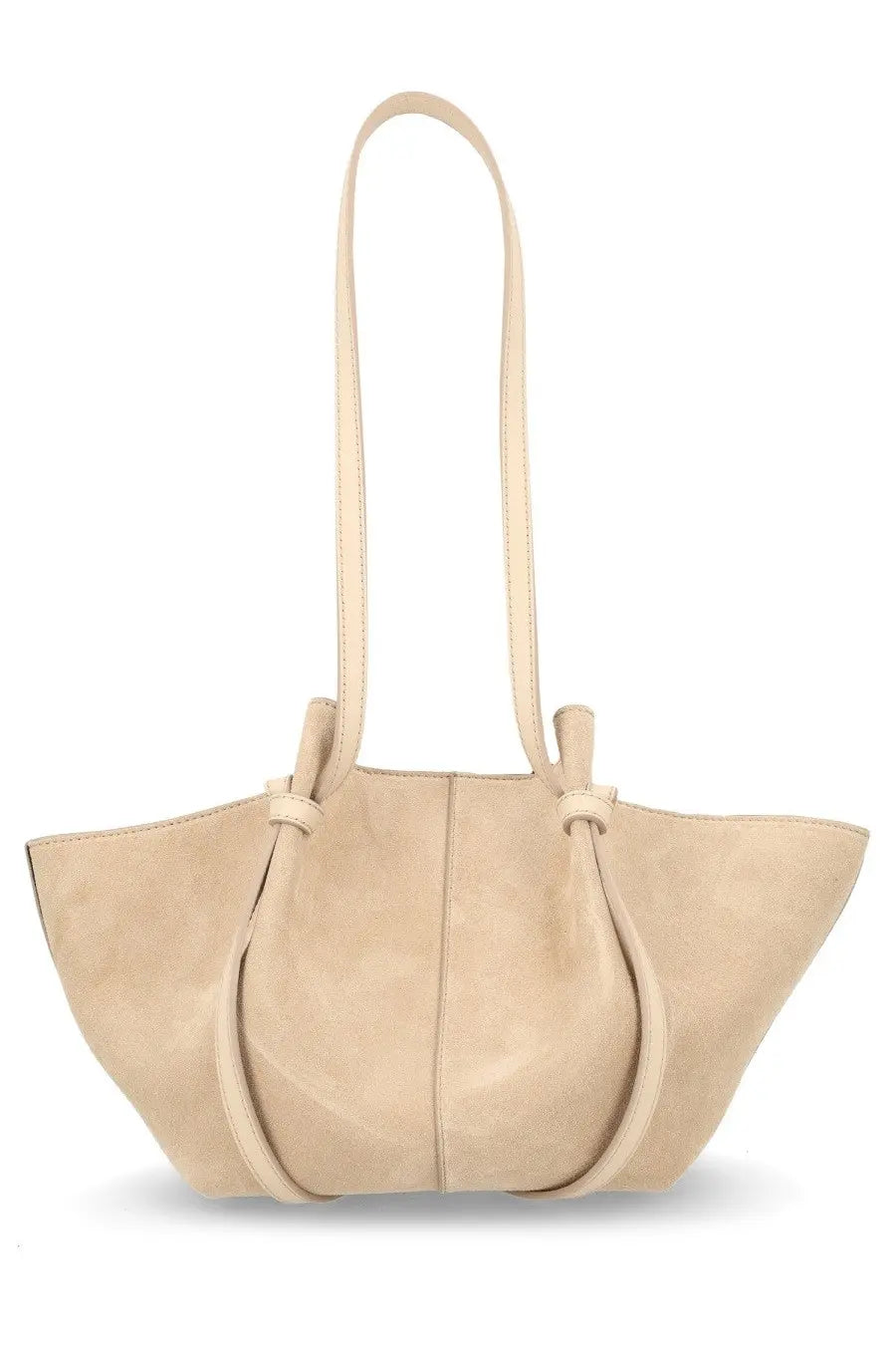 Yuzefi women’s small mochi bag beige suede tote bag with slender handles tied at the top
