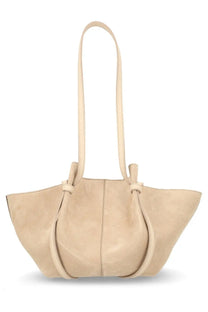 Yuzefi women’s small mochi bag beige suede tote bag with slender handles tied at the top