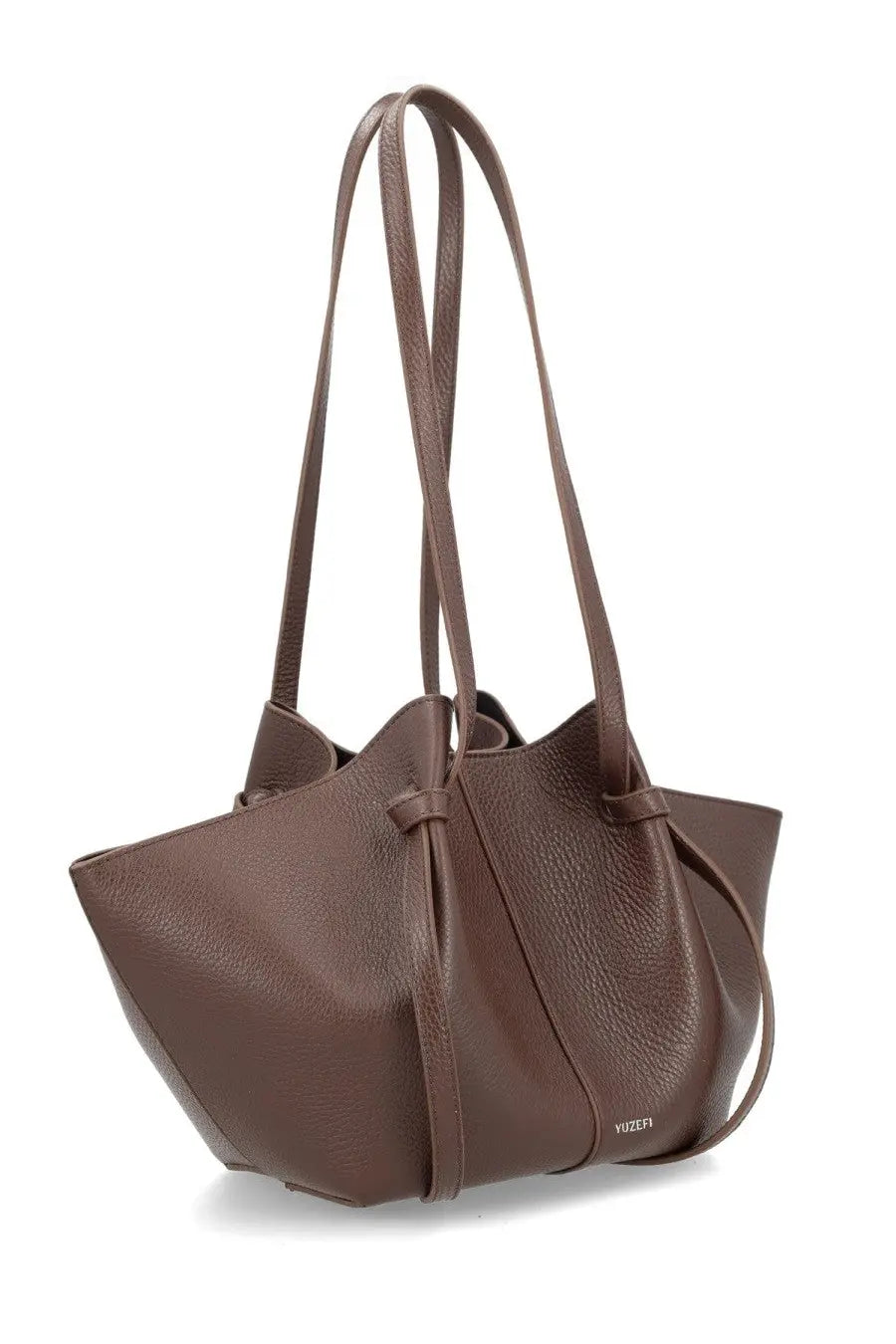 Yuzefi women’s small mochi bag brown brown pebbled leather tote bag with dual shoulder straps and drawstring closure