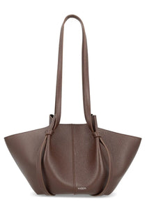 Brown pebbled leather tote bag with structured silhouette and bow-tied dual top handles yuzefi women’s small mochi bag