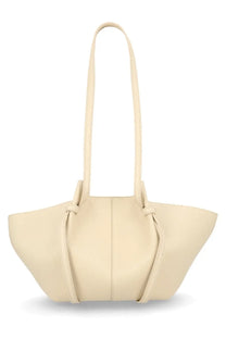 Cream-colored leather tote bag with minimalist design and long handles yuzefi womens small mochi bag white
