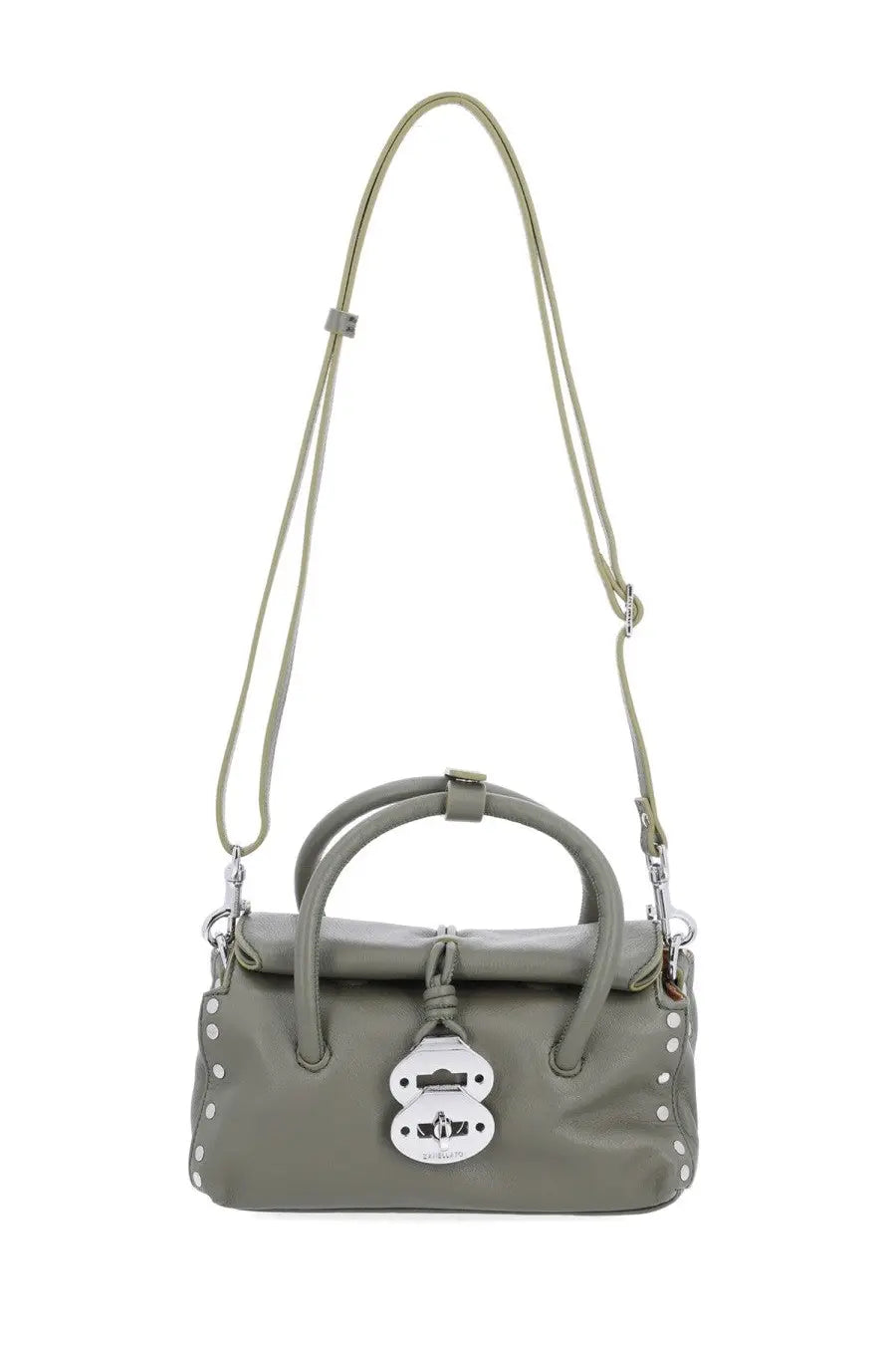 Zanellato women’s olive green leather crossbody bag with silver-tone hardware and lock-shaped clasp