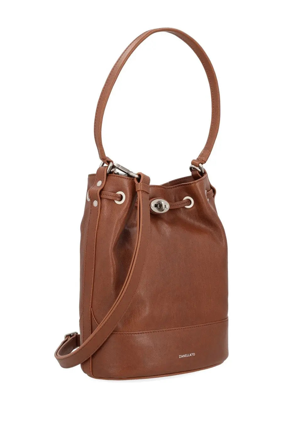 Zanellato women’s brown leather bucket bag with silver-toned drawstring closure and adjustable shoulder strap