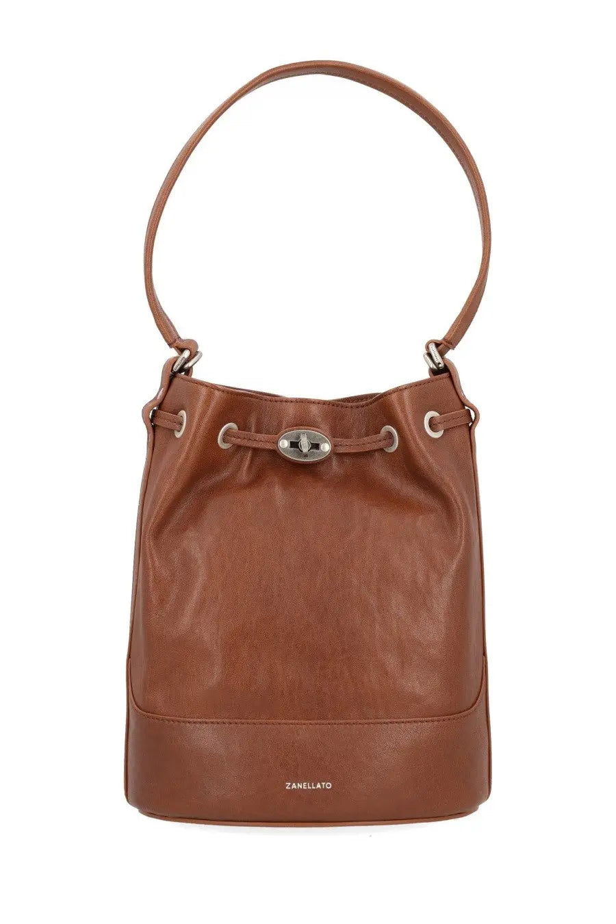 Zanellato women’s monda brown leather bucket bag with silver-toned metal clasp and matching leather handle