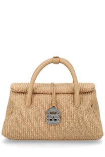 Beige woven straw zanellato women’s borsa dotta vimini small handbag with tan leather handles and silver padlock clasp